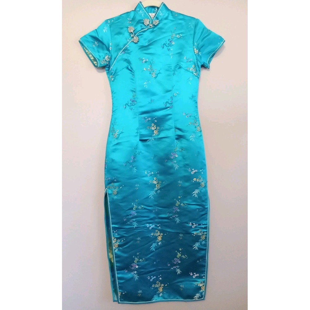 Canzhifang Women Teal Blue‎ Embroidered Oriental Side Zip Snap Slit Dress Size S